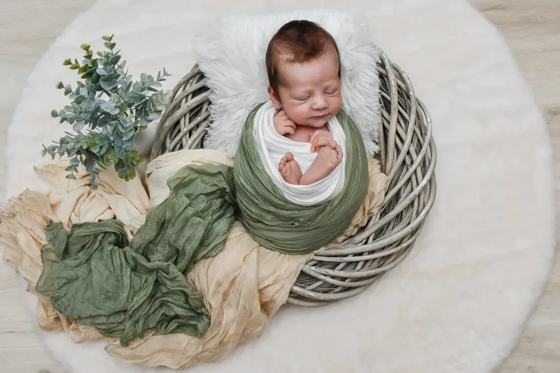 Newborn im Korb mit Eukalyptus
